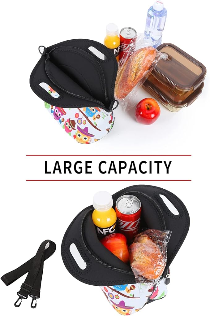 Violet Mist Owl 4 Neoprene Lunch Bag Reusable Insulated Cartoon Meal Holder with Adjustable Shoulder Strap, 12.6"L x 11.8"H x 6.3"W