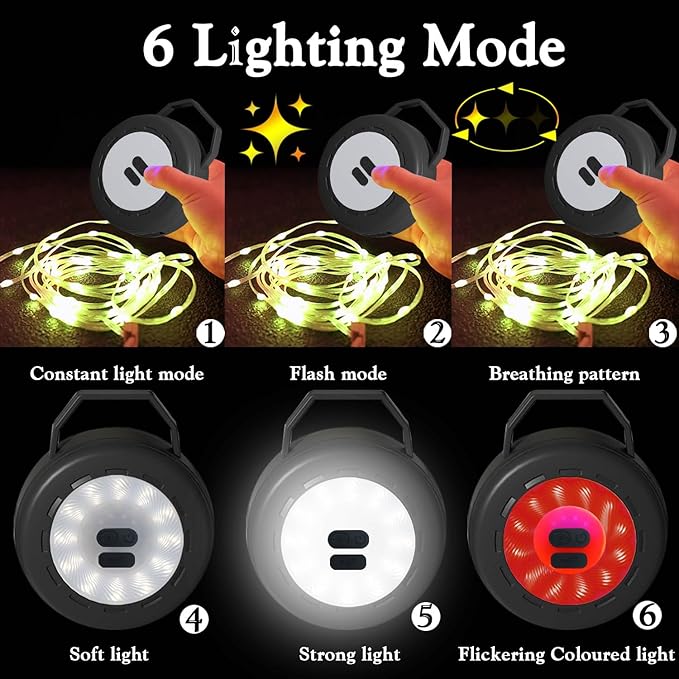 Retractable Camping String Lights Reel, Portable Stowable Rechargeable Strip Light, Waterproof Tent Lantern for Outdoor Hiking Awning Garden Party Festival Decor (Black)