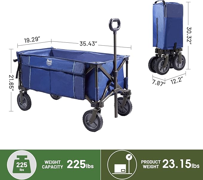 TIMBER RIDGE Tailgate Collapsible Folding Wagon Cart, Heavy Duty Utility Push Pull Beach Wagon Foldable, Outdoor Grocery Cart with Side Pockets for Camping, Garden, Shopping, Holds 225 lbs, Blue