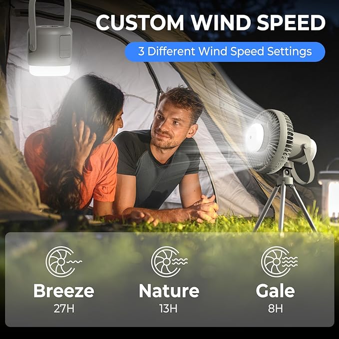Camping Fan with Removable Lantern, 8000mAh Battery Powered Fan with Hook, Tripod, Outdoor Rechargeable Fan Adjustable 3 Speeds Small Portable Tent Fan for Car Fishing Office Sleep