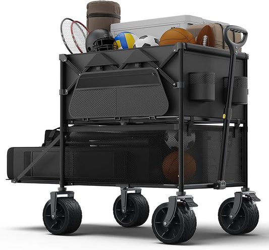 Foldable Wagon Cart,Everyfun 480Lbs Double Decker Wagon,Beach Carts with Big Wheels&Side Pocket&Dustbag,Large Capacity Folding Wagon for Shopping,Garden,Camping,Fish,New Wave Sports Wagon-Ivory Black