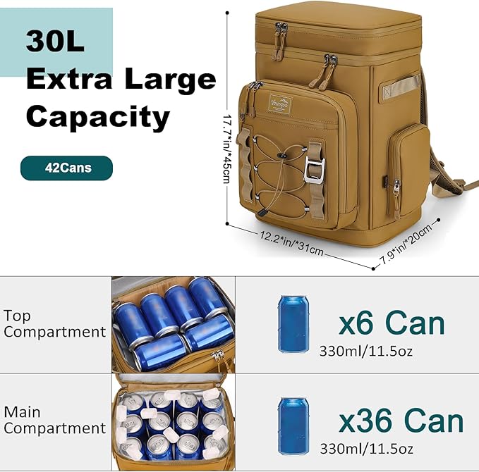 42Cans Cooler Backpack Insulated Leak Proof for Men & Women, Large Waterproof Backpack Cooler for Beach, Picnic, Outdoor, Leakproof, Multi-Functional