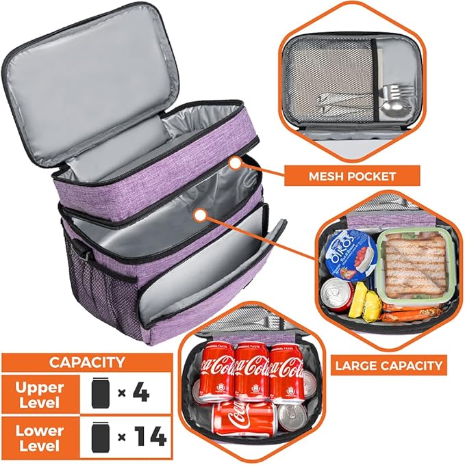opux Insulated Lunch Bag for Men Women, Large Dual Compartment Cooler Bag, Soft Two Deck Lunch Box for Work School Picnic, Leakproof Lunch Tote with Shoulder Strap for Kid Adult (Purple, Double Deck)