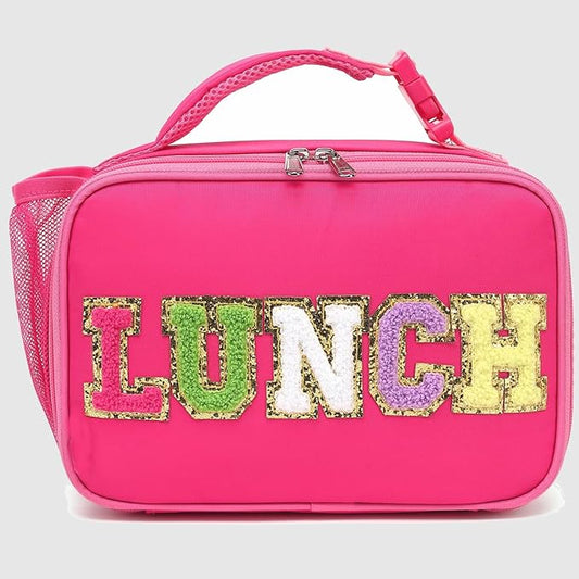 FlowFly Kids Lunch Bag, Durable Insulated School Lunch Box with Bottle Holder, Water-resistant Thermal Small Lunch Cooler Tote for Teen Boys & Girls,RoseRedWithLetter