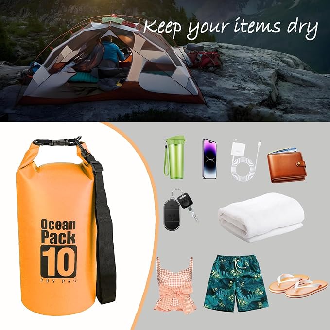 Floating Waterproof Dry Bag Backpack 5L/10L/20L, Roll Top Bag for Kayaking, Rafting, Boating, Swimming, Camping, Hiking, Beach, Fishing, Waterproof Beach Bag. (Orange, 10L)