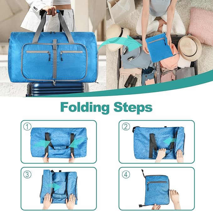 Dimayar Travel Duffle Bag for Men Women - Foldable Duffel Bag with Shoes Compartment - Overnight Bags Waterproof & Tear Resistant(65L,Light Blue)