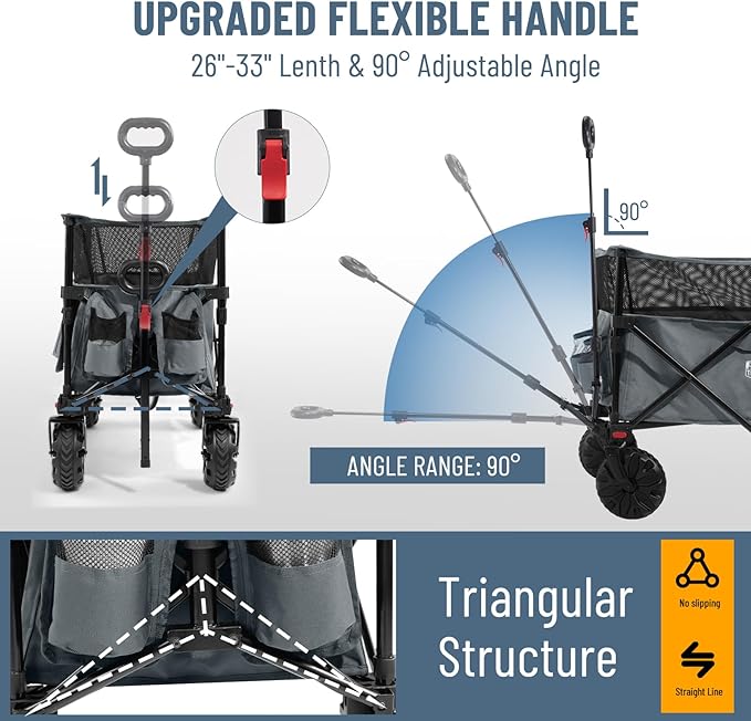 TIMBER RIDGE Foldable Wagon 350L Extendable Height, 300LBS Capasity Collapsible Wagon Cart with All Terrians Detachable Wheels, Compact Folding Utility for Camping, Fishing, Shopping (Gray)