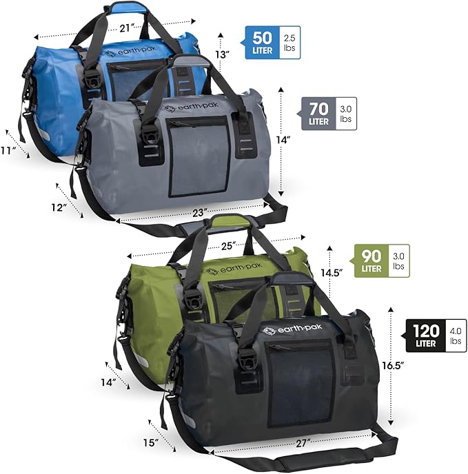 Earth Pak Waterproof Duffel Bag - Heavy Duty Motorcycle Dry Bag with Large Storage Space Perfect for Traveling, Camping, Kayaking, Fishing & Canoeing Bag 50L/70L/90L/120L Sizes