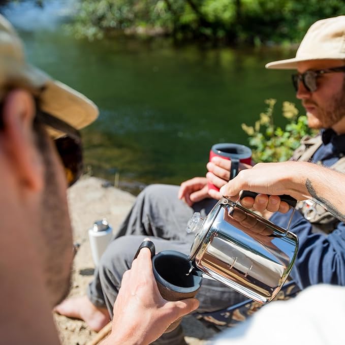 GSI Outdoors Percolator Coffee Pot I Glacier Stainless Steel with Silicone Handle for Camping, Backpacking, Travel, RV & Hunting - Stove Safe