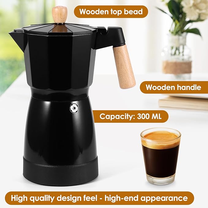 SHANGSKY Coffee Pot Electric Coffe Maker 6 Cup, Espresso Coffee Maker Cafeteras Electricas Italian Coffee Pot Espresso Makers Portable Aluminum Electric Mocha Pots (Wooden Handle,US 3-pin Plug)