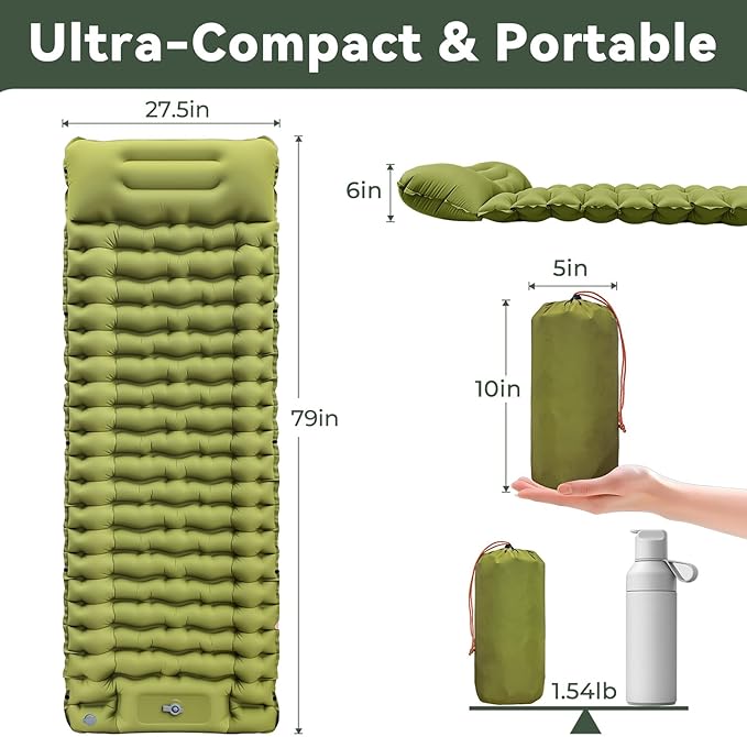 Sleeping Pad, Ultralight Inflatable Sleeping Pad for Camping with Pillow Built-in Foot Pump, Extra Thick Compact Camping Sleeping Mat for Hiking, Backpacking, Tent Use