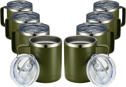 MEWAY 12oz Coffee Mug With Handle 8 Pack Bulk,Stainless Steel Insulated Travel Tumblers With Sliding Lid,Double Wall Vacuum Camping Cup for Hot & Cold Drinks Tea (Army Green,Set of 8)