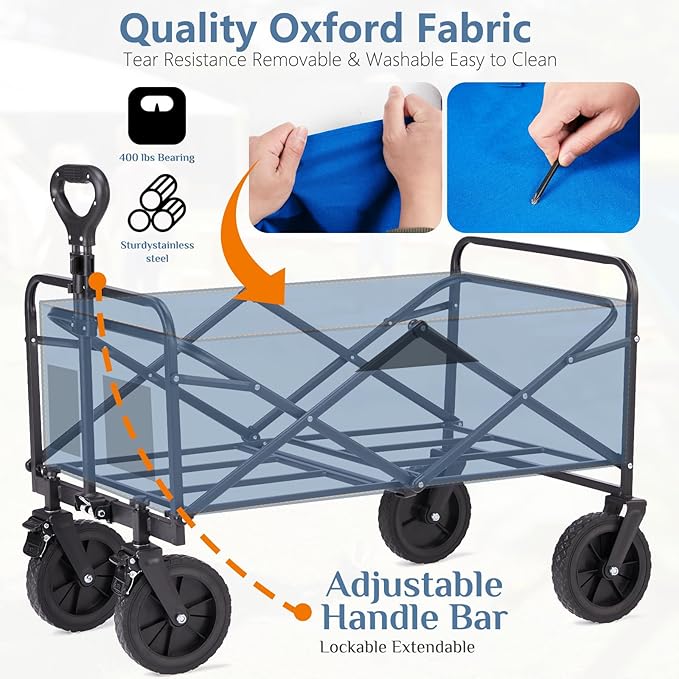 DUMOS Foldable Wagons Carts with All-Terrain Wheels, 170L & 400LBS Portable Shopping Wagon Large Capacity Utility Cart with Drink Holders, Heavy Duty Collapsible for Sand, Beach, Gardening (35IN Blue)