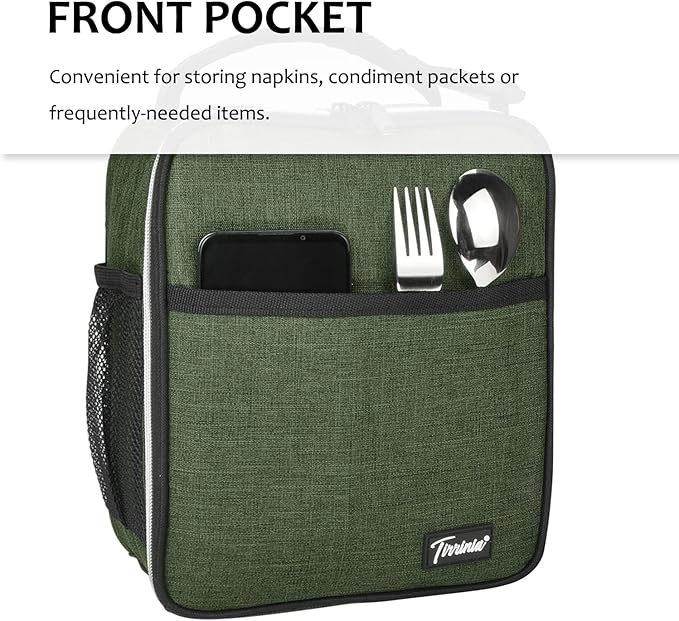 Tirrinia Small Insulated Lunch Bag for Men Women, Green, 8.5in x 4in x 9.5in, Keeps Food Cold Fresh for Hours