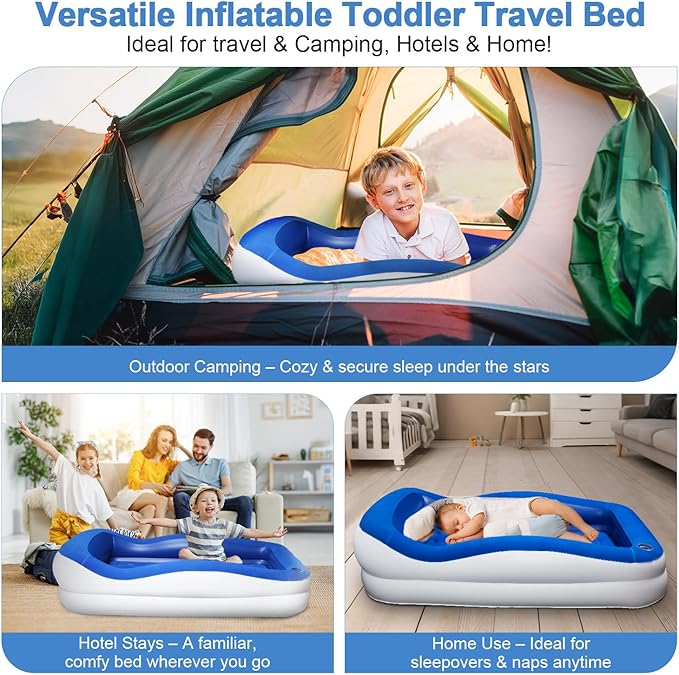 Inflatable Toddler Travel Bed – Portable Toddler Bed with Safety Bumpers, Toddler Floor Bed for Travel, Camping, Sleepovers – Kids Blow Up Bed with Pump & Carry Bag