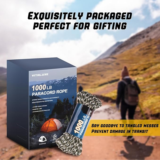 1000lb Paracord Rope, 4mm 12 Triple Strands Paracord, Heavy Duty Tactical Parachute Cord for Survival Gear, Camping, Hiking, and Ideal for Bracelets, Lanyards, Type III