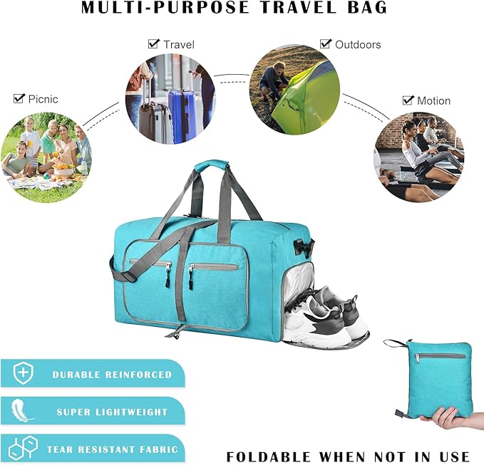 Dimayar 85L Travel Duffle Bag for Men Women - Foldable Duffel Bag with Shoes Compartment - Overnight Bags Waterproof & Tear Resistant(Mint Green)