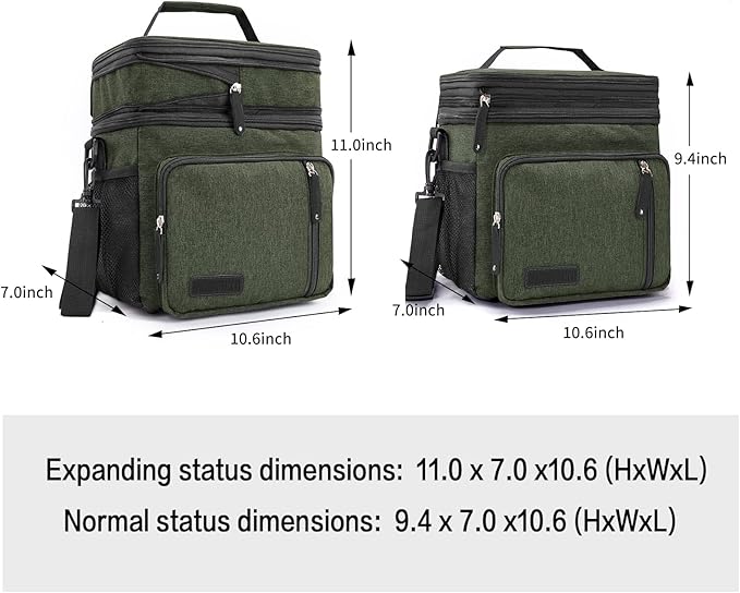 Men's and Women Double Compartment Lunch Bag, Insulated Lunch Cooler Tote 2 Roomy Large Reusable Water-resistant Lunch Box (Green)