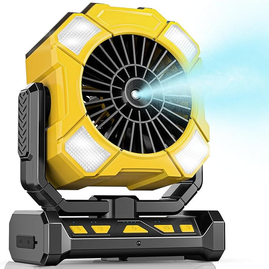 Portable Fan with Misting & 24000mAh Battery - 80H Runtime, 7μm 16ft Mist, Ultra Quiet 4-Speed Camping Fan for Outdoor Indoor, Remote & 300mL Tank-Yellow