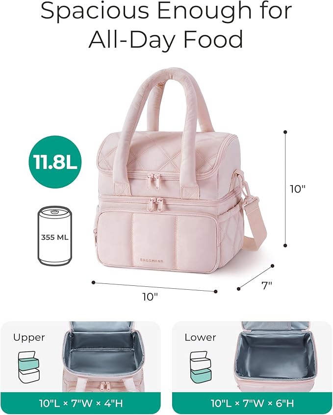 BAGSMART Lunch Bag Women, Double Deck Insulated Lunch Box, Quilted Puffer Lunch Tote, Leakproof, Durable & Reusable Large Lunch Cooler For Work Picnic Travel Meal Prep, Pink