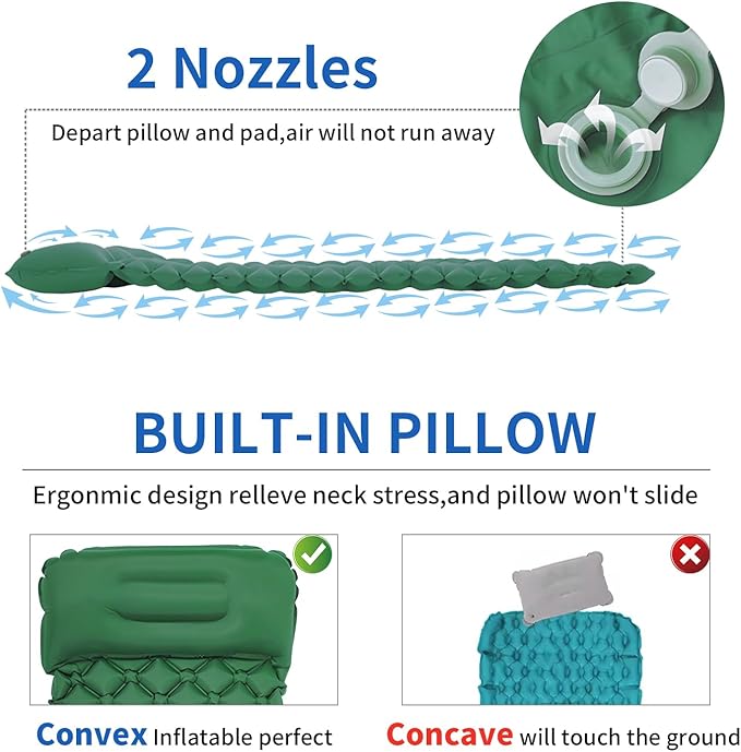 DDD Ultra-Light Inflatable Camping Sleeping Pad with its Built-in Foot Pump and Pillow - The Ultimate Camping pad, Hiking pad, Backpacking Pad and Lightweight for a Outdoor Sleep——Green