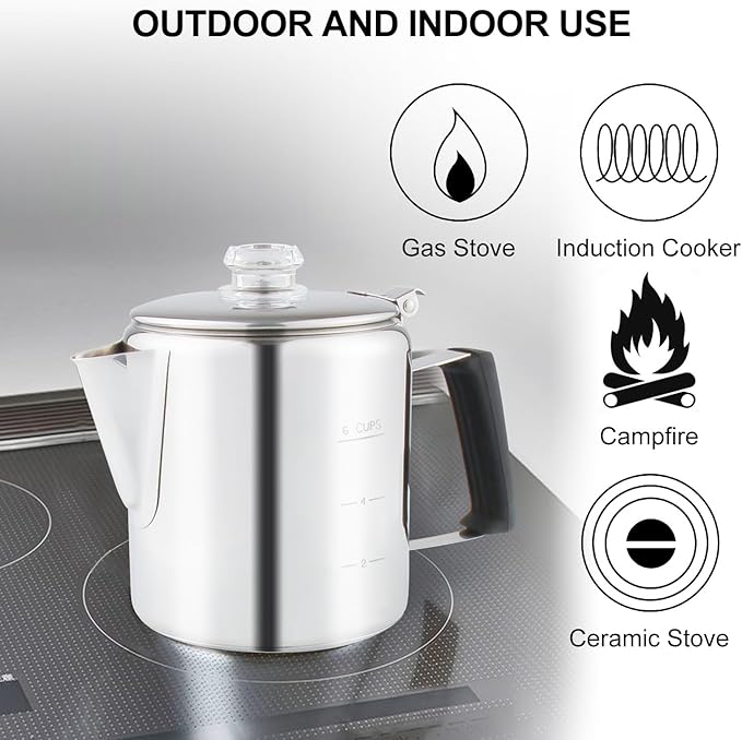 Multi Use 6 Cup Coffee Pot Bundle Coffee Percolator with 2 Mugs Stainless Steel Coffee Maker with Two Heat Resistant Tough Borosilicate Glass Knob Fireproof Silica Handle Using on any Stovetop