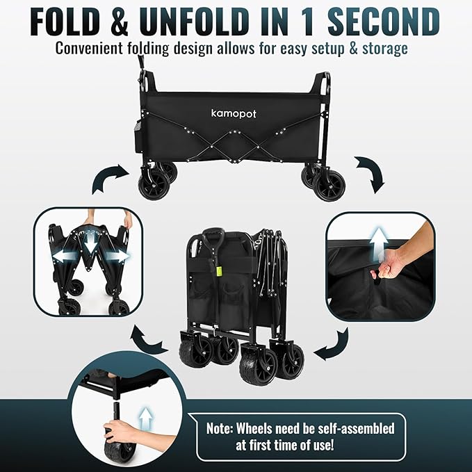 Large Collapsible Wagon Foldable for Grocery, Beach, Park, Yard, 34" x 18" Inner Storage. 300lb Heavy Duty Folding Utility Cart on Big Wheels, Durable w/Cupholders