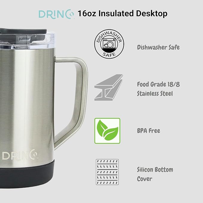Drinco 16 oz Coffee Mug, Vacuum Insulated Camping Mug with Lid, Double Wall Stainless Steel Travel Mug Insulated Tumblers Coffee Mugs Coffee Cups Tea Cup (16oz Brushed)