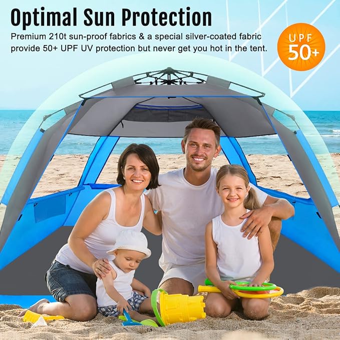 WhiteFang Deluxe Pop Up Beach Tent Sun Shade Shelter for 3-4/5-6 Person, UV Protection, Extendable Floor with 3 Ventilating Windows Plus Carrying Bag, Stakes, and Guy Lines