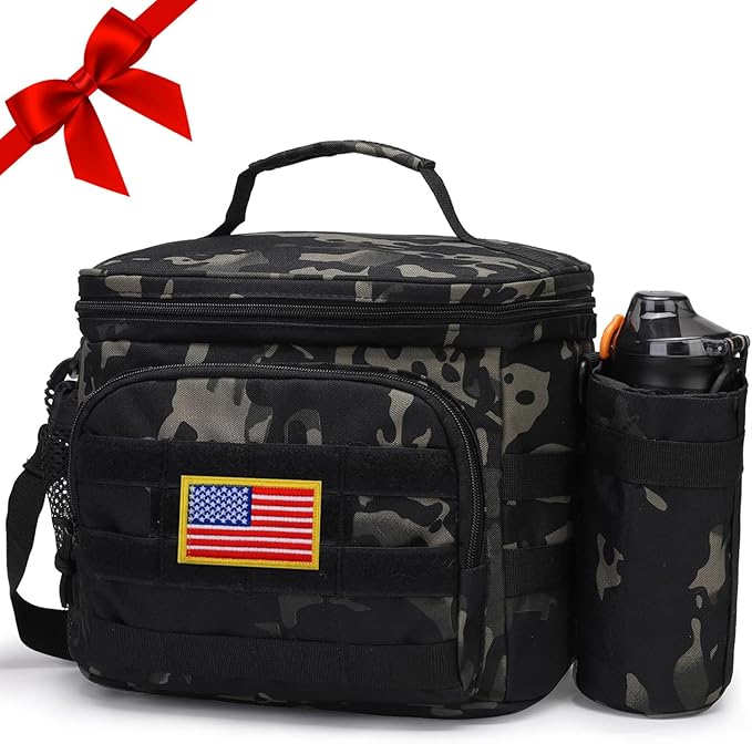 Tactical Lunch Box for Men, Insulated Lunch Bag MOLLE Webbing Leakproof, Cooler Large Lunchbox Women with Adjustable Shoulder Strap Durable, Construction Heavy Duty Lunch Pail, Black Camo