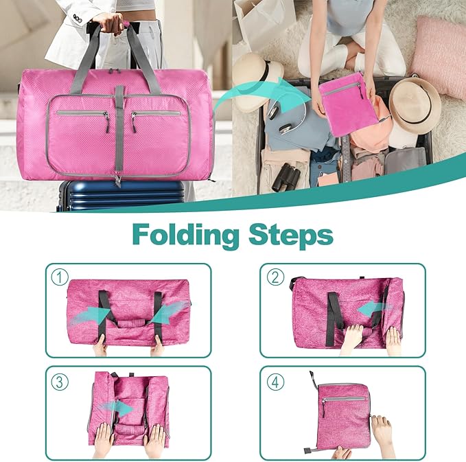 Dimayar Travel Duffle Bag for Men Women - Foldable Duffel Bag with Shoes Compartment - Overnight Bags Waterproof & Tear Resistant(65L,Pink)