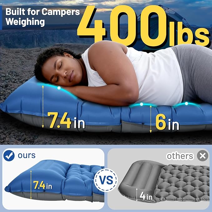 Camping Sleeping Pad, Extra Thick 6 Inch Inflatable Camping Mat with Pillow Built-in Foot Pump Ultralight Portable Sleeping Pads Compact for Hiking Backpacking Travel Tent Car Camp Gear