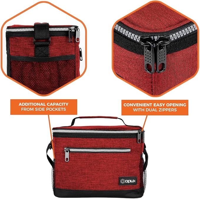 opux Insulated Lunch Box Men Women, Lunch Bag for Work School, Leakproof Soft Cooler Tote Adult, Large Lunch Pail Kids Boys Girls, Picnic Beach Food Bag with Shoulder Strap, Red