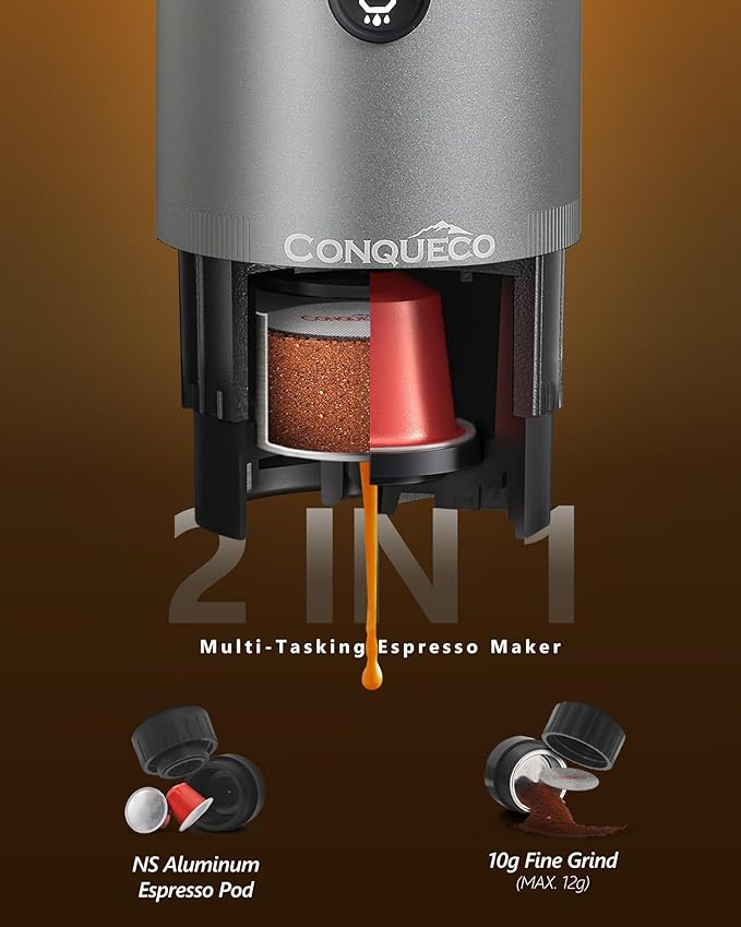 CONQUECO Portable Espresso Machine Travel: 12v Car Coffee Maker with Battery for Camping - Small Electric - 2.5 Mins Heating - Set With Ground Coffee & NS Capsule & Handbag for RV, Hiking, Office