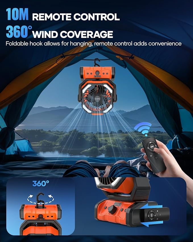 kejector Portable Camping Fan Rechargeable - 24000mAh 3-in-1 Battery Powered Fan with LED Lights, USB C, Auto Oscillating Portable Fan for Tents, Travel, BBQ, Fishing, Home, Office, Camper Essentials