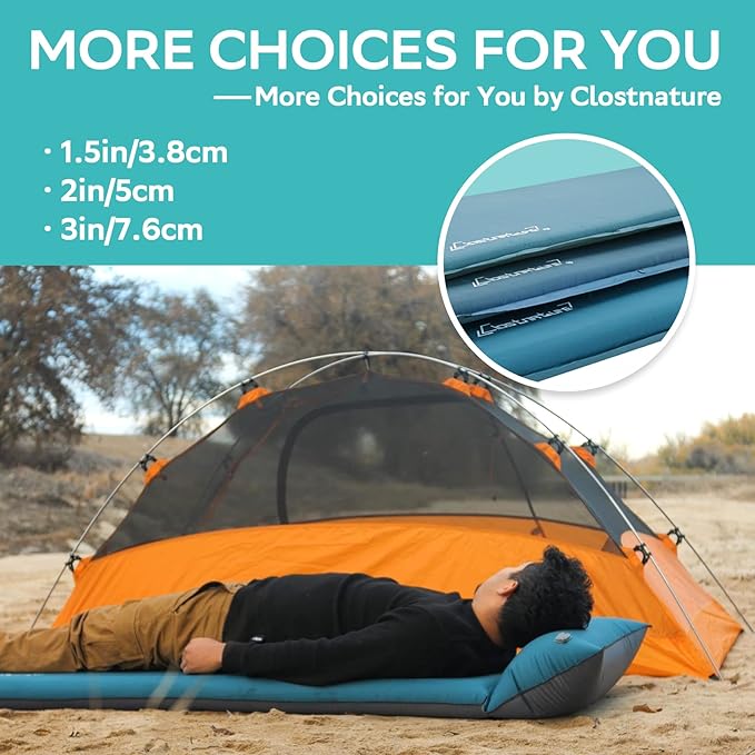 Clostnature Self-Inflating Sleeping Pad - 1.5/2/3 Inch Lightweight Mat for Camping, Backpacking - Compact Ultralight Foam Air Mattress for Tent, Hammock