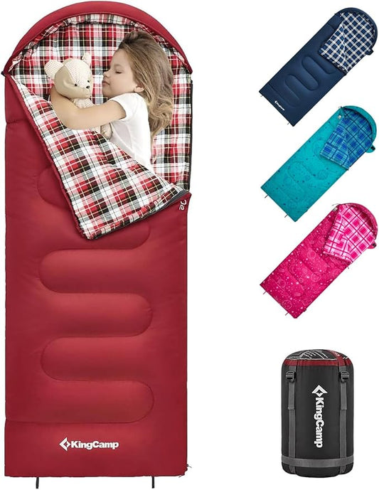 KingCamp 45°F Kids Sleeping Bag, Lightweight Waterproof & Compact Flannel Sleeping Bags Cold Weather & Warm Youth Essentials Gear Accessories for Camping, Fits 10-12 Children up to 5'5" Tall