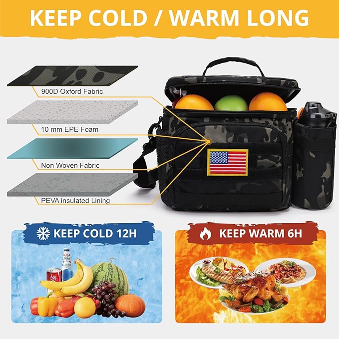 Tactical Lunch Box for Men, Insulated Lunch Bag MOLLE Webbing Leakproof, Cooler Large Lunchbox Women with Adjustable Shoulder Strap Durable, Construction Heavy Duty Lunch Pail, Black Camo