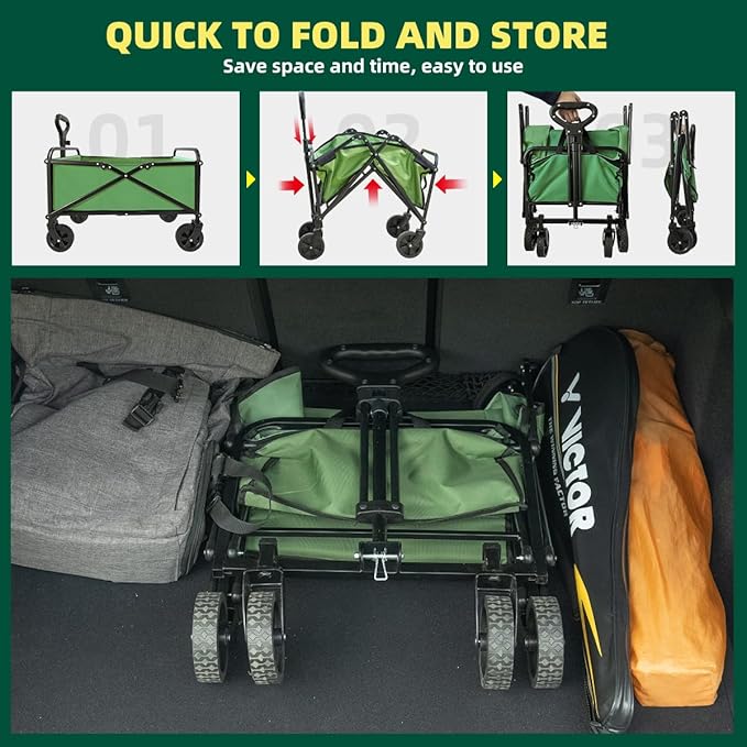Collapsible Wagon Cart Heavy Duty Foldable, Large Capacity Foldable Grocery Beach Wagon for Camping Sports Shopping, Green