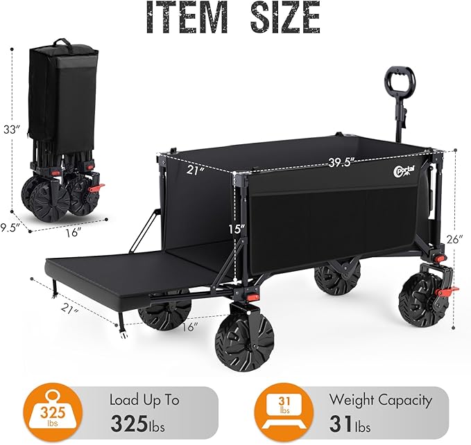 PORTAL 300L Large Capacity Foldable Wagon with Tailgate, 325LB Heavy-Duty Collapsible Utility Cart, All-Terrain Wheels & Brakes, Oversized Garden Wagon for Camping, Groceries, Sports, and Pets