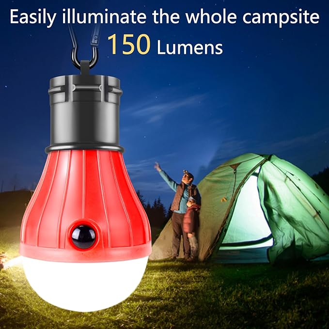PEMOTech Camping Lantern 4 Pack, 4 Lighting Modes LED Camping Lights Bulbs with Clip Hooks, Waterproof Portable Battery Operated Emergency Tent Lights for Outdoor Camping Hiking Fishing Hunting