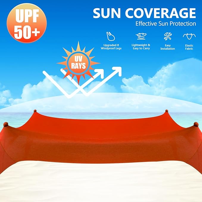 Beach Tent Sun Shelter, 10 x 10 FT Beach Canopy Tent Sun Shade Heavy Duty, UPF50+ Beach Tent Canopy with 8 Sandbags & 4 Stability Poles, Outdoor Beach Shade Canopy for Camping and Fishing, Orange