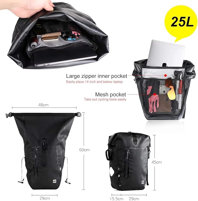 Rhinowalk Bike Pannier Bag 25L Waterproof Laptop Bicycle Rear Rack Bag Storage Saddle Bag Shoulder Bag Backpack