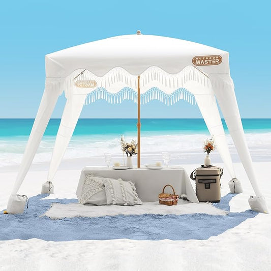 OutdoorMaster Beach Cabana with Fringes, Portable 6' x 6' Beach Canopy for Sand, Easy Set Up Sun Shelter, Included Side Wall, UPF 50+ UV Protection Sun Umbrella - for Family & Friends -Romantic White