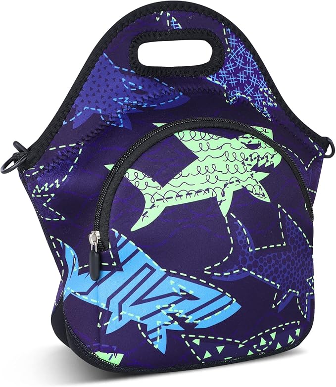 Violet Mist Shark 7 Inch Neoprene Lunch Bag, Reusable Insulated Food Carrier with Adjustable Shoulder Strap, 12.6 x 11.8 x 6.24 Inches