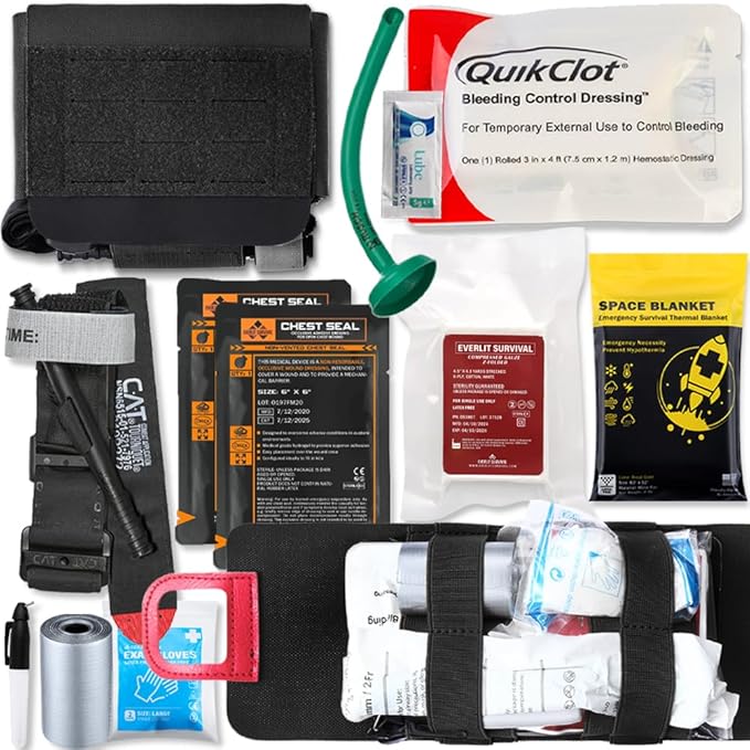 EVERLIT Rapid Aid Trauma Sleeve(Rats) EDC Trauma Kit, CAT GEN-7 Tourniquet QuikClot Gauze CE, Military Tactical IFAK for Bleeding Control (Black)
