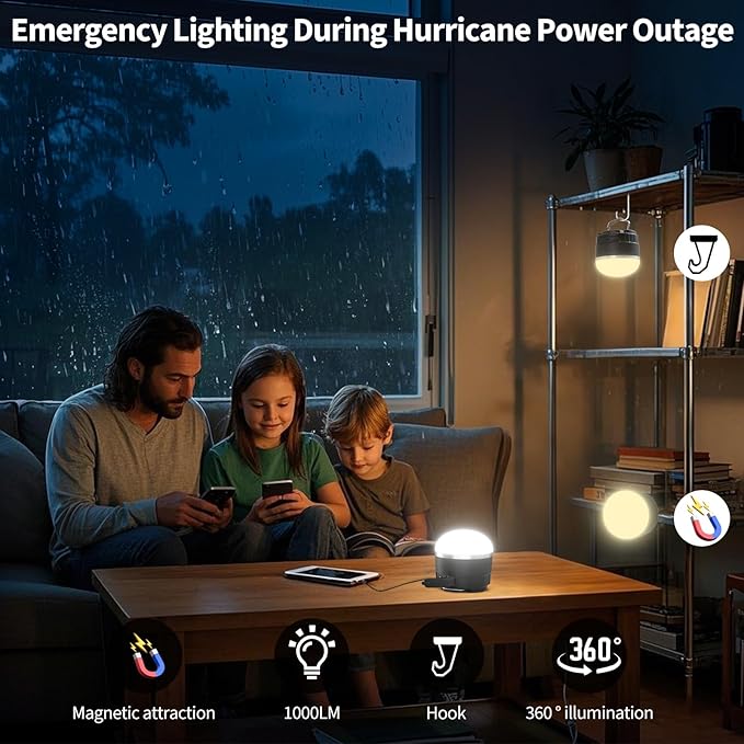 LED Camping Lantern Rechargeable, 1000LM Portable Camping Tent Light with 4 Light Modes & Magnetic Base, 4000mAh Emergency Hanging Light for Hurricane, Power Outage, Home, Camping, Hiking