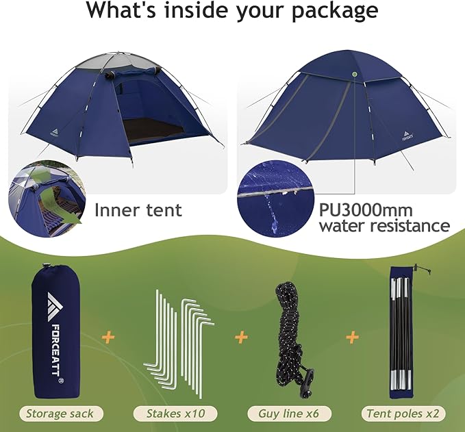 Forceatt Tent for 1-2 Person PU3000mm Water Resistance Camping Tent Lightweight Tent with Vestibule Suitable for Camping Hiking Scout Easy Setup