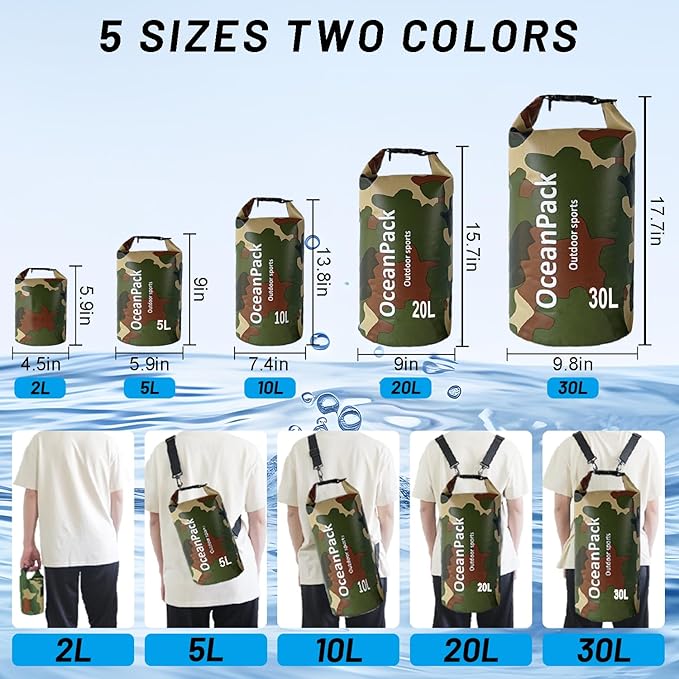 Waterproof Dry Bag 2L/5L/10L/20L/30L, Dry Sack for Kayaking Rafting Boating Beach Surfing Swimming, Camping, Hiking, Beach, Fishing Green Backpack with Waterproof Phone Case