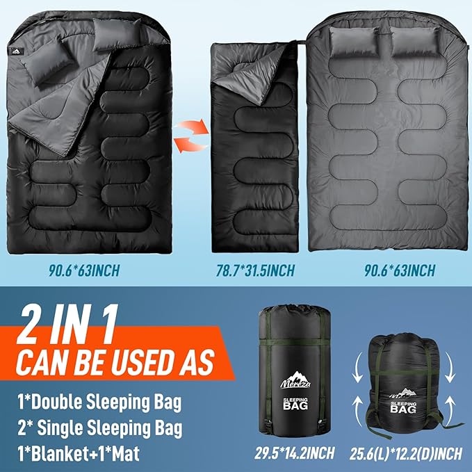 MEREZA Double Sleeping Bag for Adults Mens with Pillow, XL Queen Size Two Person Sleeping Bag for All Season Camping Hiking Backpacking 2 Person Sleeping Bags for Cold Weather & Warm